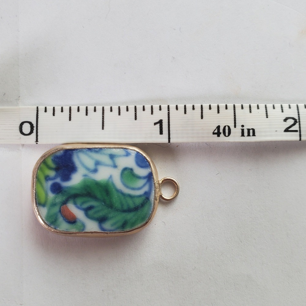 Vintage Porcelain Pottery Shard Charm Mini Pendant Blue Green Floral Paisley - Picture 9 of 10